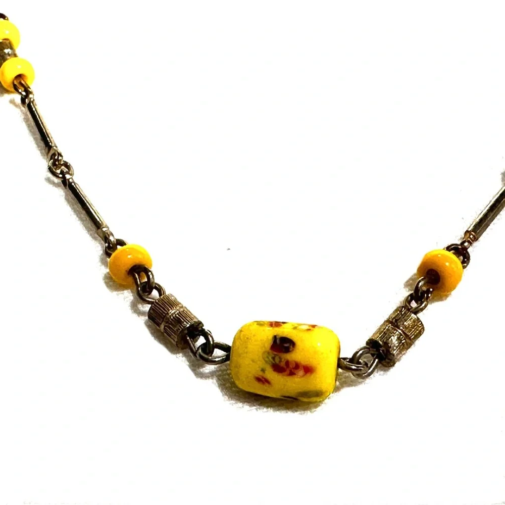 Yellow Glass Beads & Gold Tone Link Choker Necklace Boho Chic Feminine Delicate